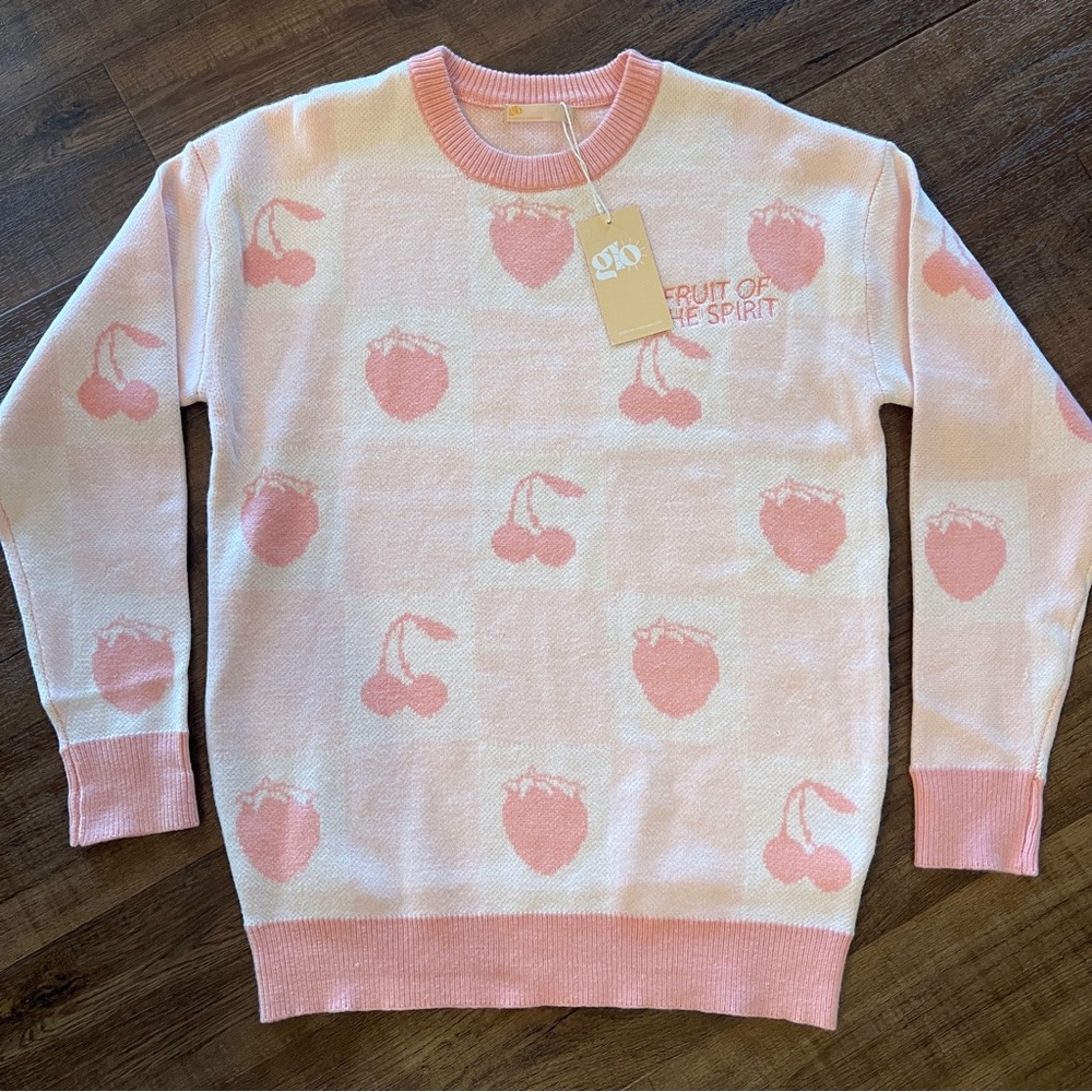 GLO Fruit of the Spirit Pink Jacquard Sweater Cherry Strawberry Size M - Picture 2 of 11